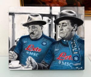 Totò e Peppino festeggiano il quarto scudetto, dipinto a olio su tela 24x20cm
